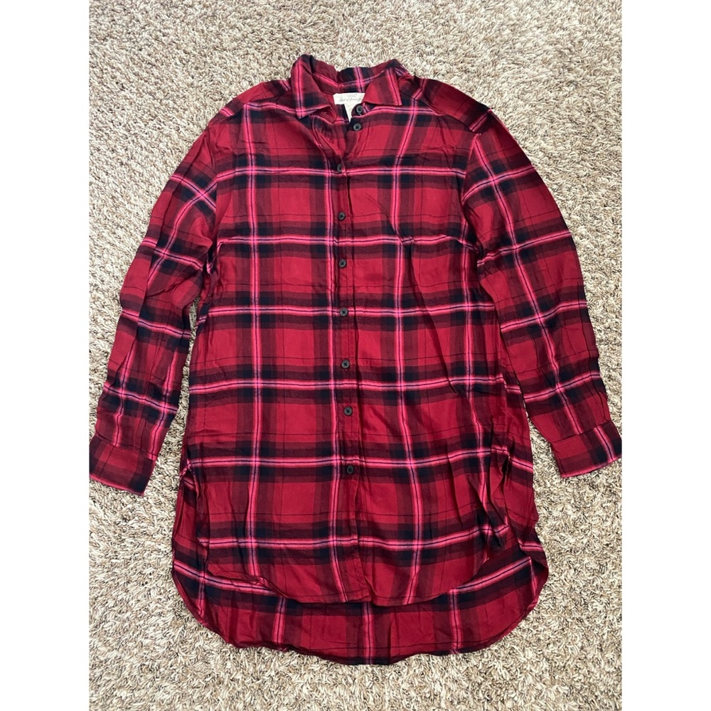H&M Red Plaid Long Button Down Shirt Size 4 Small